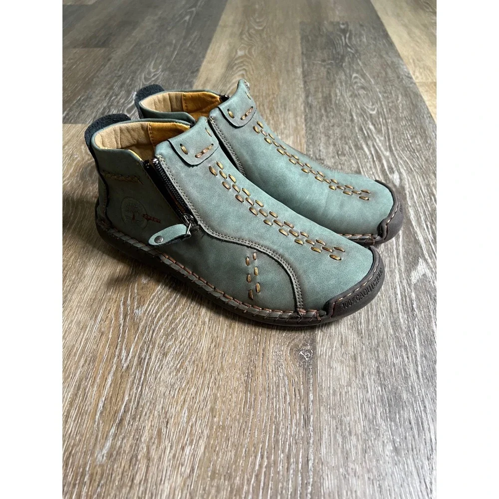 Leather Ankle Boots Mens china size 41 Teal Green Good Whipstitch Zip Sport